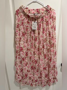 Zara Floral Crinkle Maxi Skirt Medium Pink White Bohemian Spring Summer NWT NEW